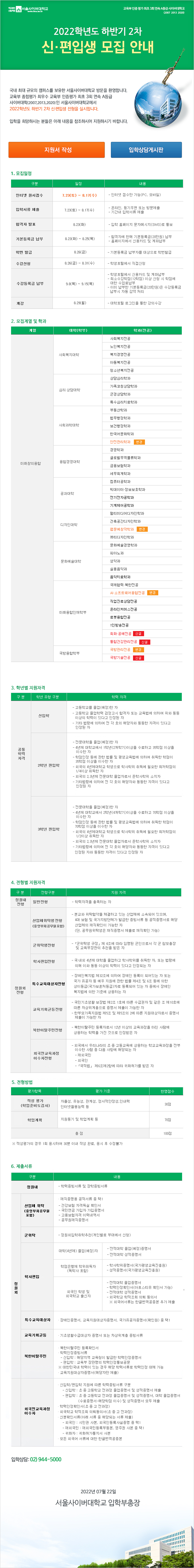 2022학년도 하반기 신·편입생 모집 안내 - 아래 내용 참조