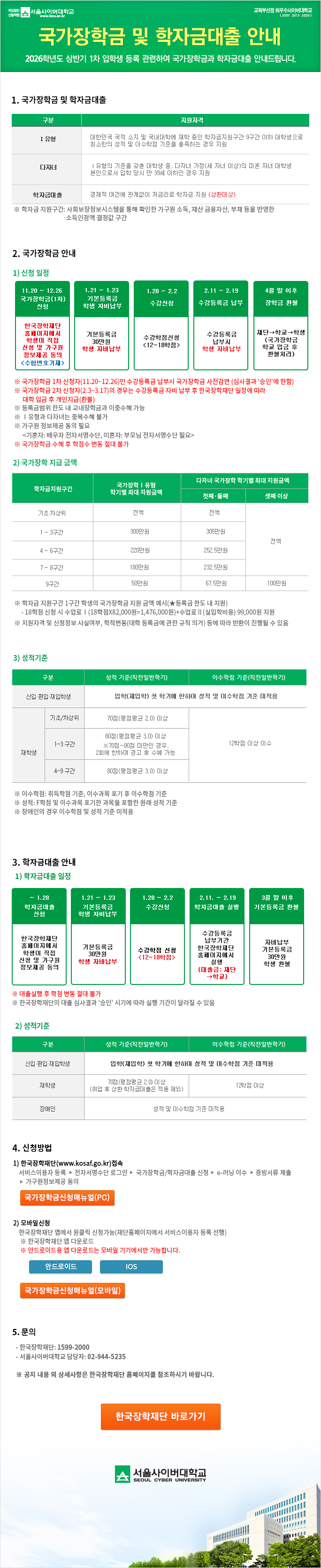 20256학년도 상반기 국가장학금 및 학자금 대출 안내 하단내용참고