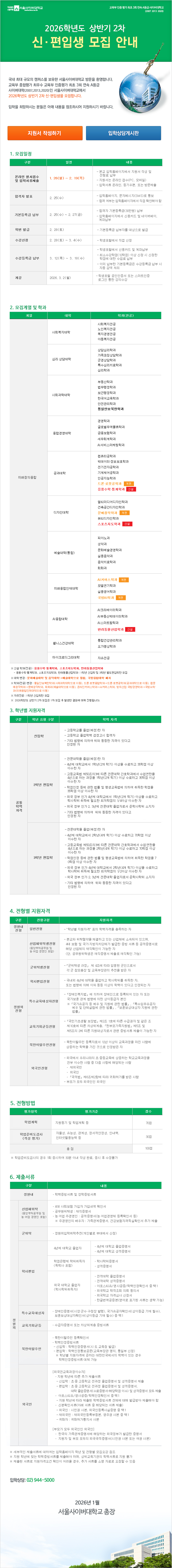 2026학년도 상반기 2차  신·편입생 모집 안내